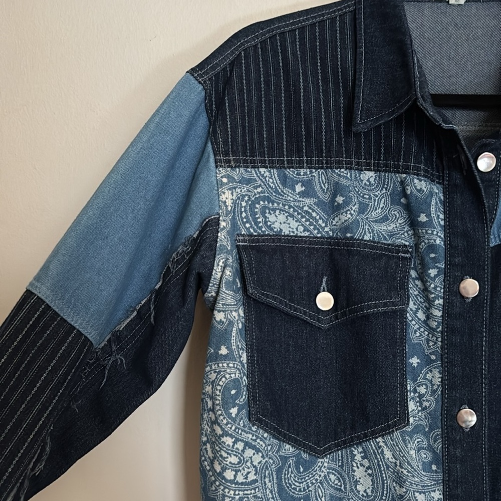 LOVE + HARMONY Novelty Patchwork Denim Chore Coat, Barn Jacket - M